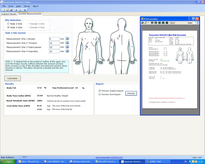 Harpenden adipomètre logiciel d'évaluation du corps